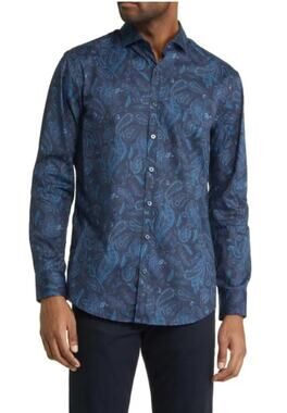 Brax Men's Blue Paisley Cozy Light Flannel Modern Fit Button Down Shirt M NWOT